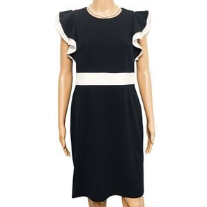 Tommy Hilfiger Navy Ruffle Sleeve Sheath Dress Size 10 + Pearls Day To Night